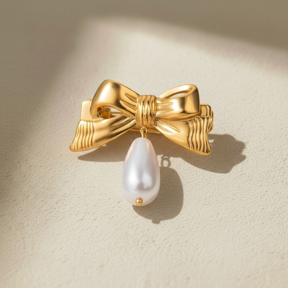 18K Gold Plated Stainless Steel Bow Pearl Drop Hair Clip Elegant Barrette